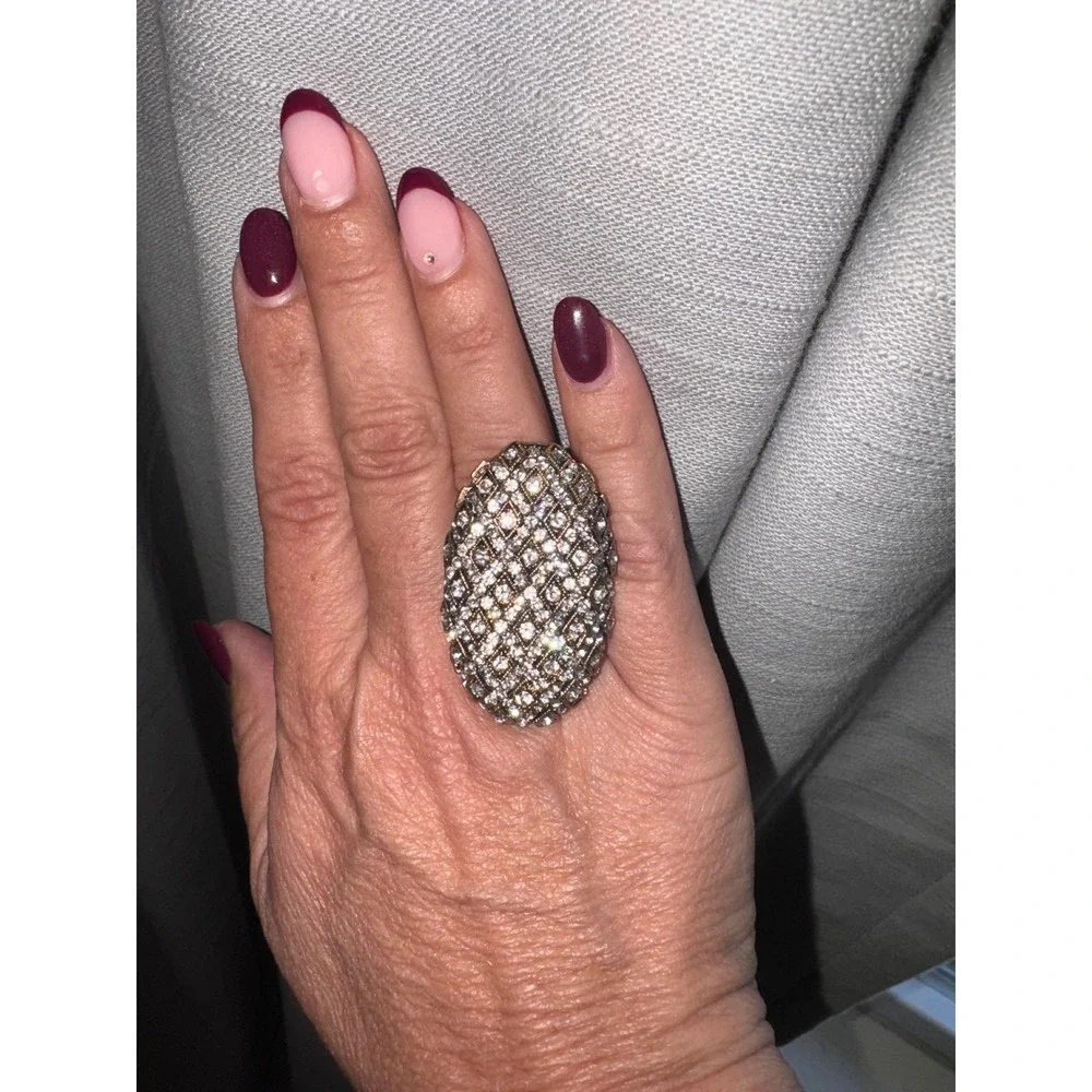 Statement Cocktail Ring Oval Gold Rhinestone Pave Party Bling‎ Fashion Jewelry